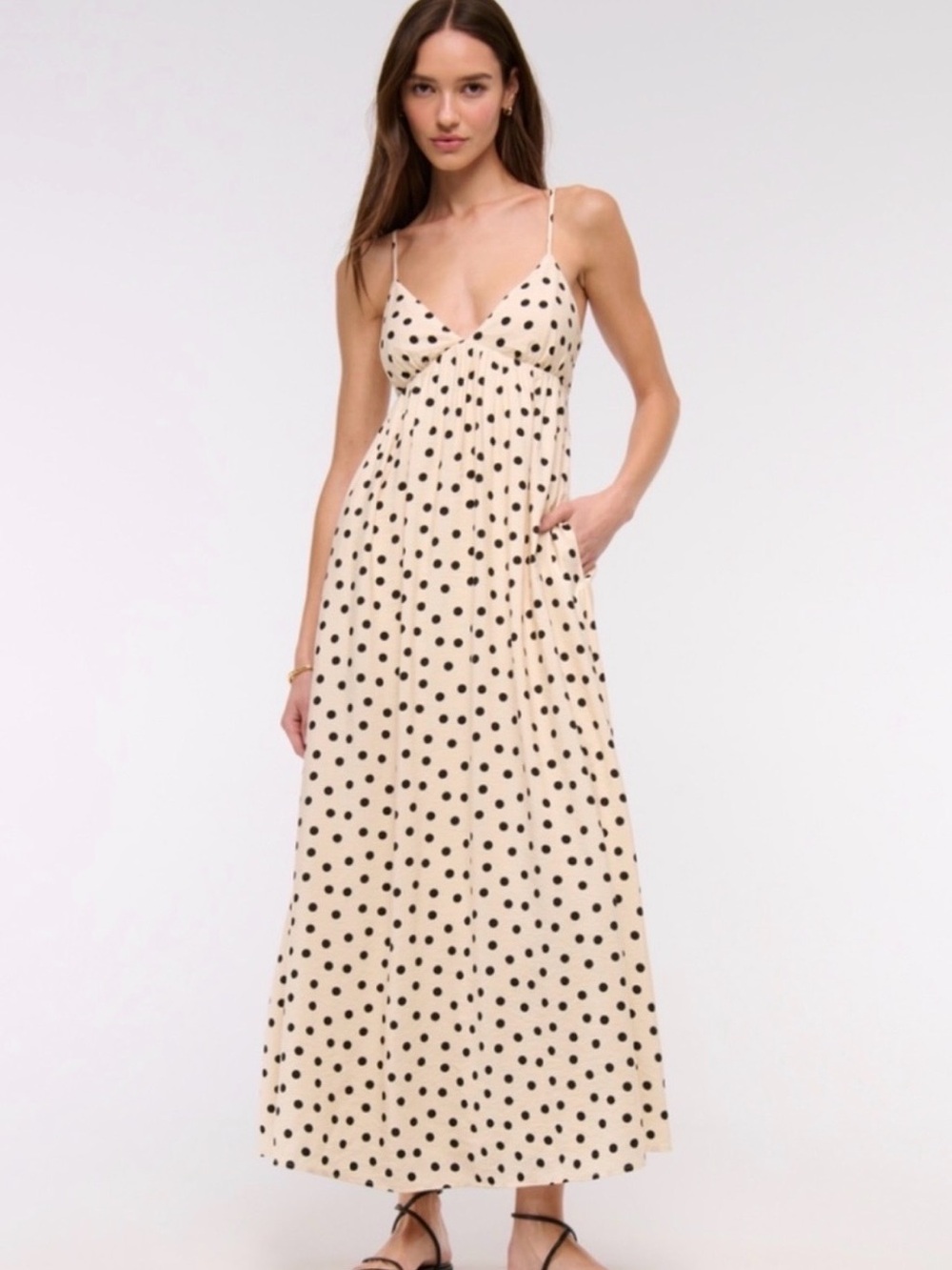 Abercrombie & Fitch Cream Maxi Dress with Black Polka Dots and Built-In Bra